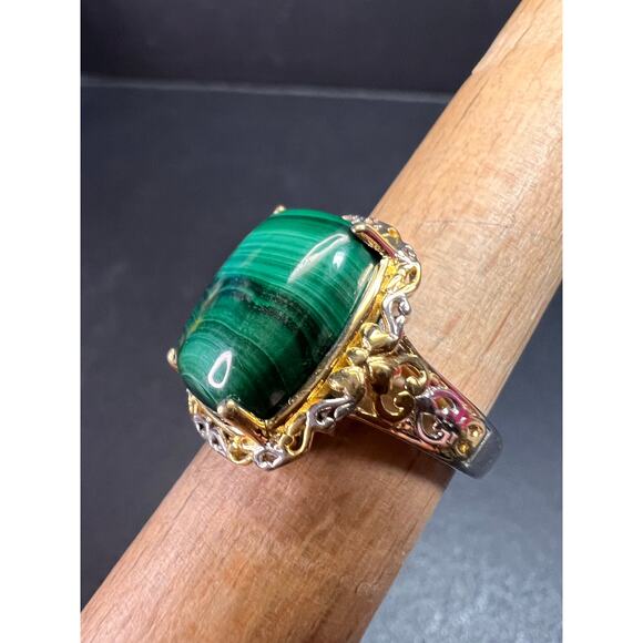 Karis Platinum & 18K Gold Plated Malachite Statement Ring Size 7 - Picture 7 of 16